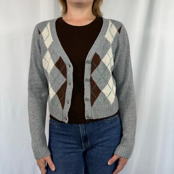 American Eagle Gray Argyle Cropped Cardigan Sweater Size Medium - Picture 1 of 8